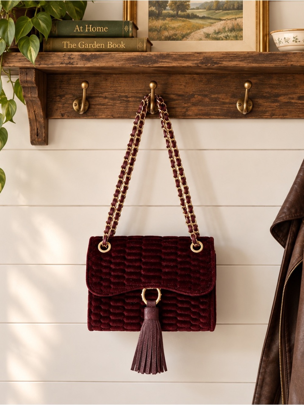 Aimee Kestenberg Quilted Velvet Shoulder Bag in Burgundy with Tassel